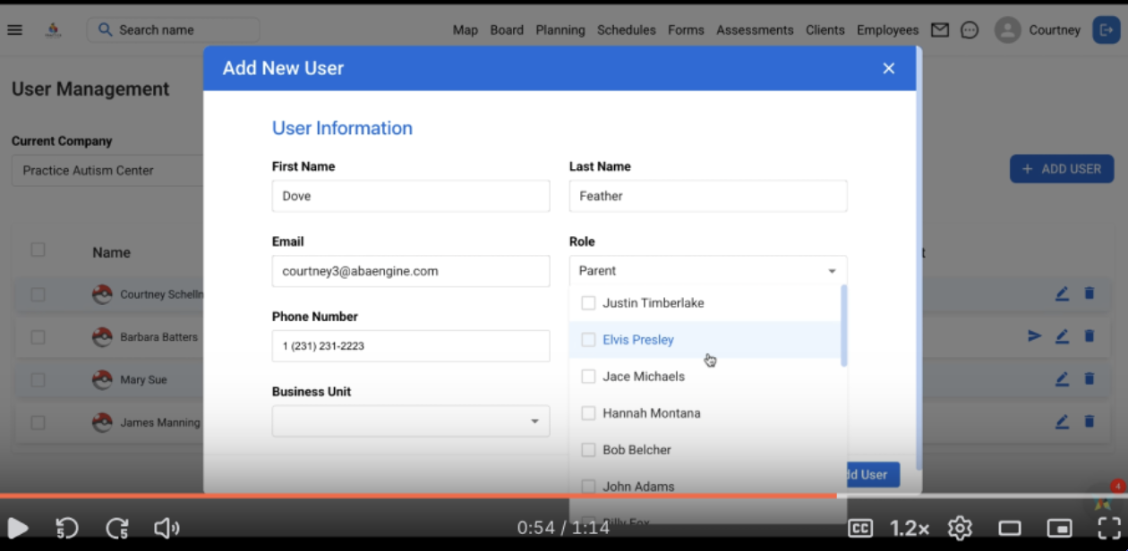 Step 3: Insert parent name, parent email associated on the client card, select the role of parent, add phone number, add business unit (if needed), and select the client(s) from a dropdown menu. Click Submit 